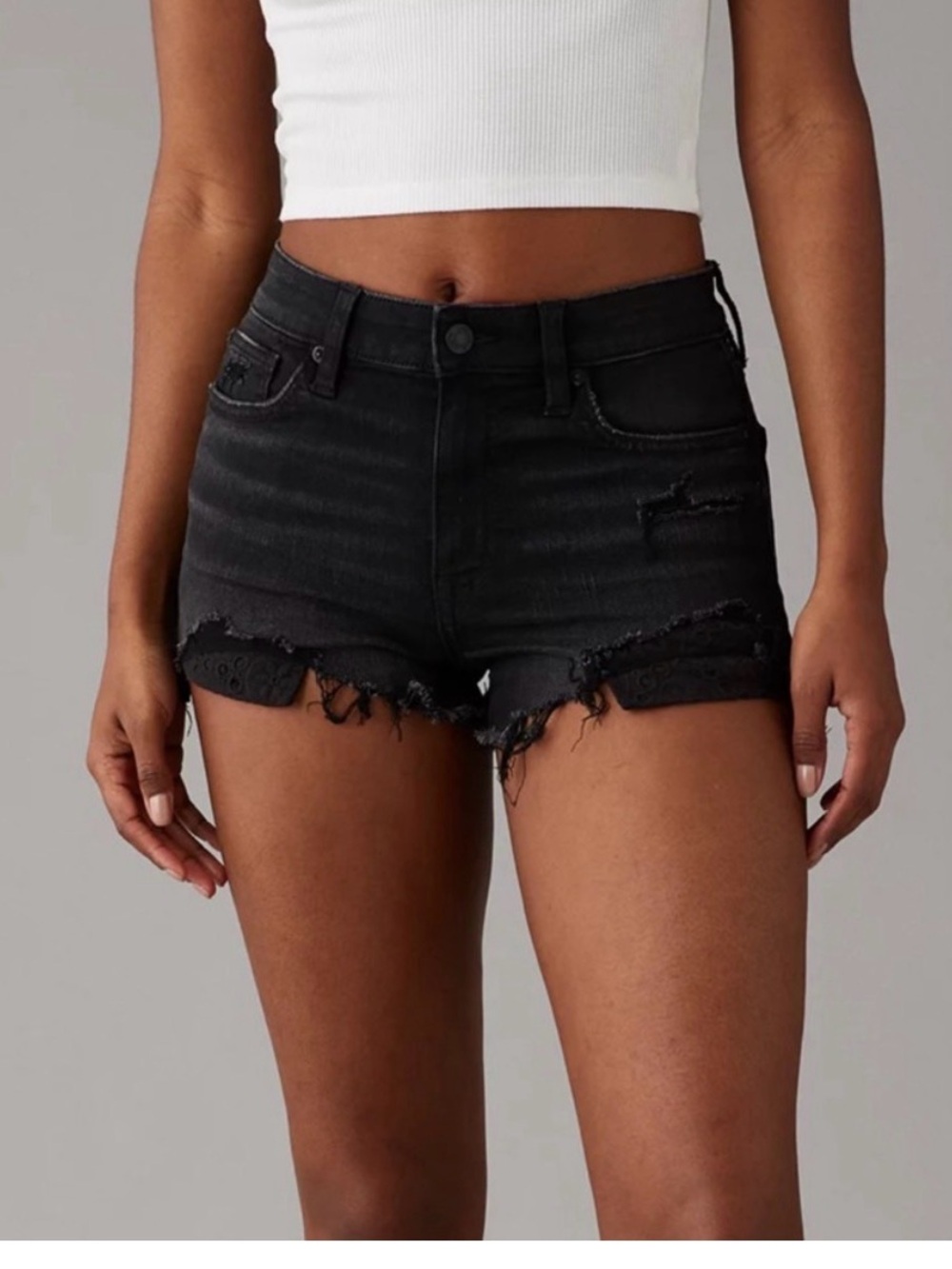 AE Distressed Black Denim Women's Shorts size 10 with lace peekaboo pockets
